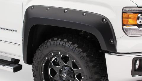 Black Pocket/Rivet Style Smooth Finish Front Fender Flares For 2019 GMC Sierra 1500 Limited, 2014-2018 GMC Sierra 1500 Bushwacker