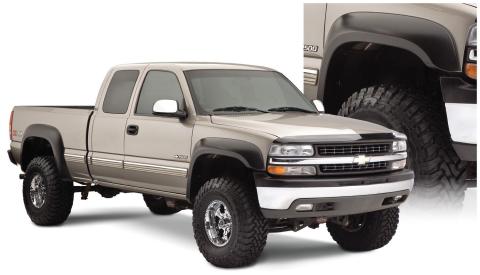 Black Extendafender Style Smooth Finish 4-Piece Fender Flare Set With Extended Coverage For 99-07 Silverado/Sierra Trucks (Check Application Guide) Bushwacker
