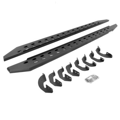 RB10 Slim Line Running Boards With Mounting Brackets Angled Textured Black 2007-2021 Toyota Tundra Extended Cab Go Rhino