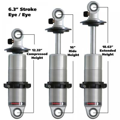 HQ Coil-Over Shock W/ 6.3 Inch Stroke And 1.7 Inch Eye Mount Universal 1 Rebound Adjustable Shockspring Mounts Delrin Spring Washers And Bearing Spacers 1/2 Inch And 5/8 Inch 12.3 Inch X 18.6 Inch W/ A 15.25 -16 Inch Ride Height Ridetech
