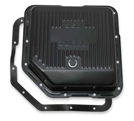 Transmission Oil Pan Black Steel Fits GM TH350 Stock Depth and Capacity Finned Design Mr Gasket