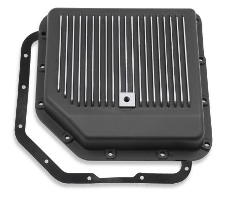 Transmission Oil Pan Black Aluminum Fits GM TH350 Stock Depth and Capacity Finned Design Mr Gasket