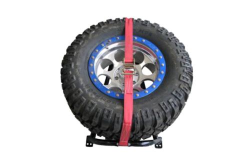 Gloss Black Bed Mounted Rapid Strap Tire Carrier with Red Strap NFab