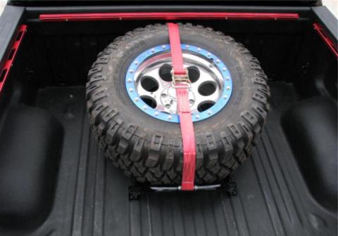 Gloss Black Bed Mounted Rapid Strap Tire Carrier with Red Strap NFab